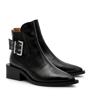 EUC - GANNI Black Patent Leather Buckle Chelsea Moto Booties- Sz 37
